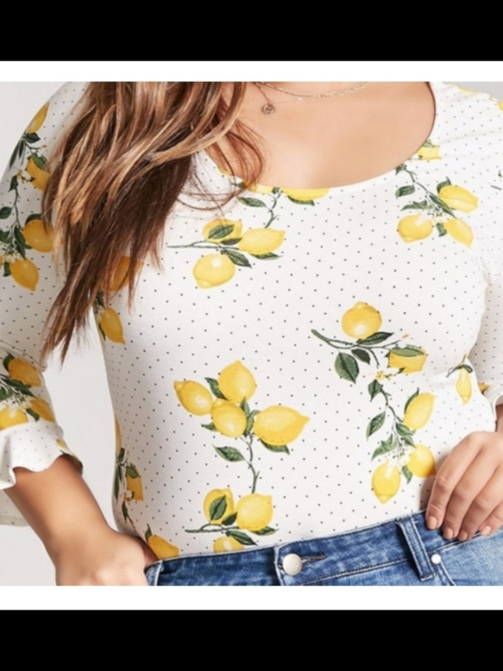Forever 21 White Lemon Print Scoop Neck Bodysuit 3/4 Sleeve